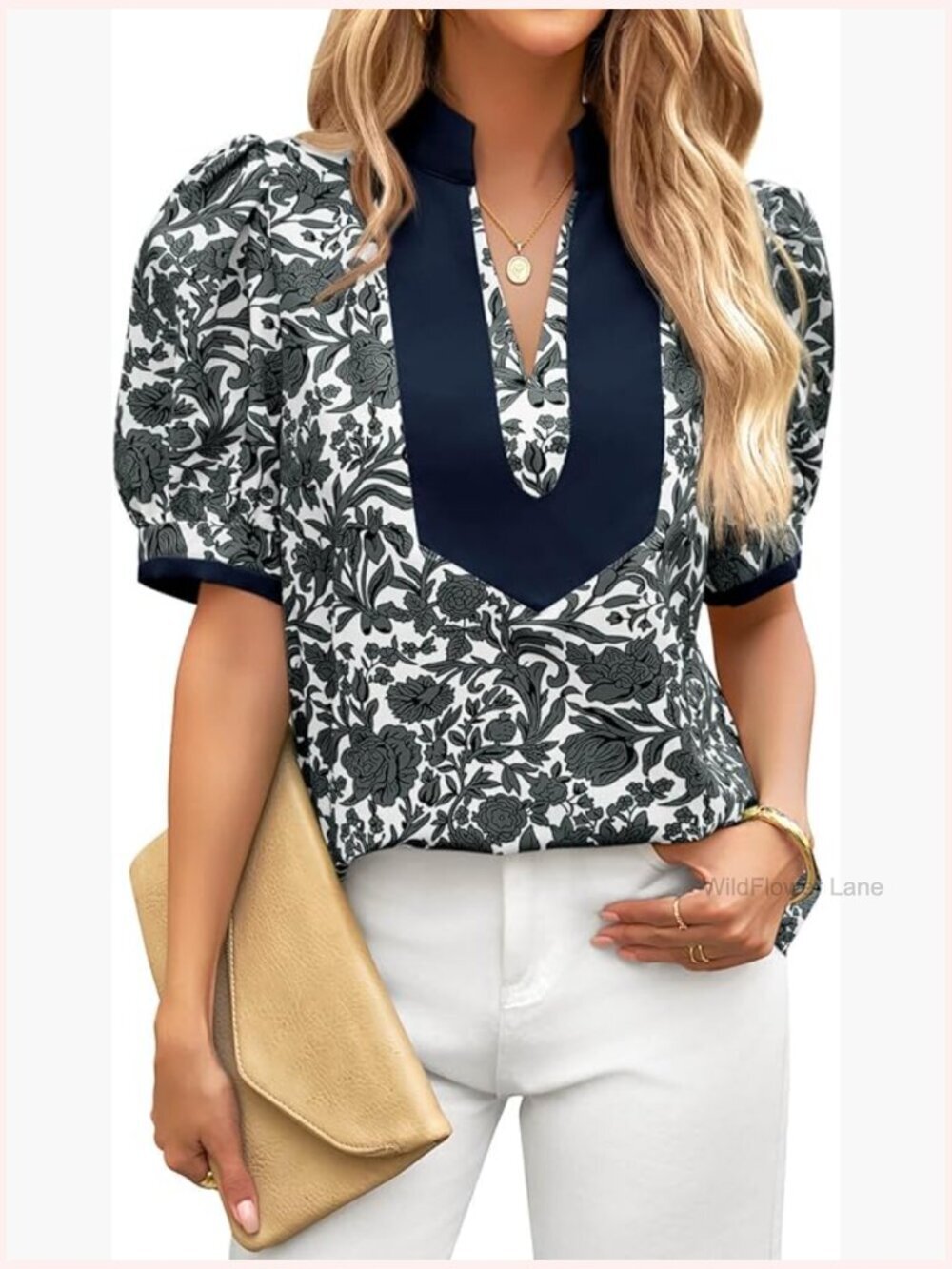 Floral Puff Sleeve V-Neck Blouse Boho Summer Top